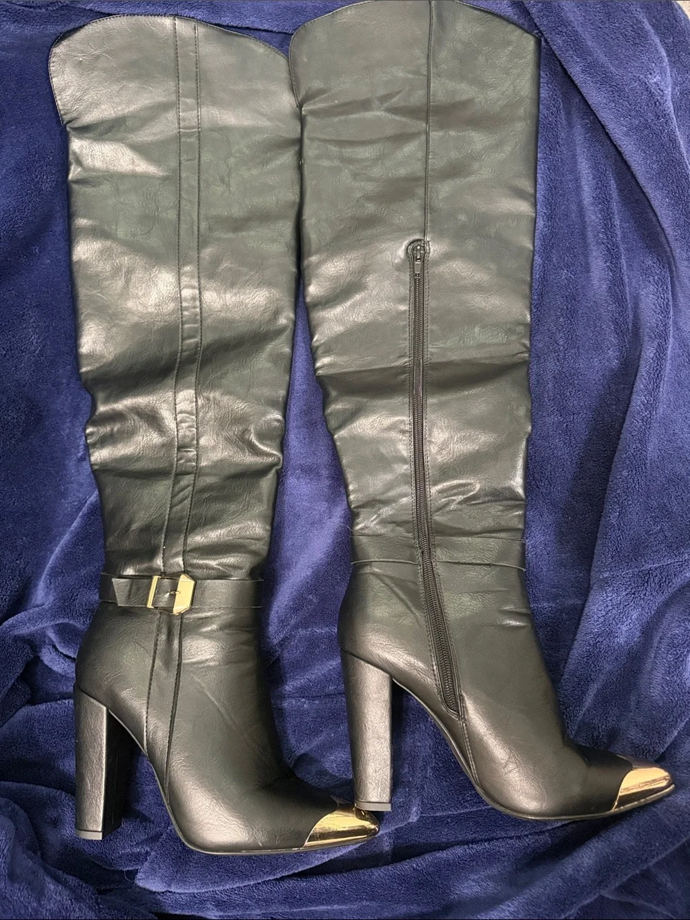 Black Leather High Heel over the knee Boots with Gold Accents